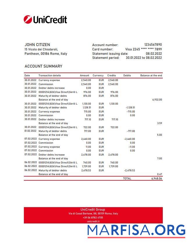 Printable Italy Unicredit bank statement excel download for verification